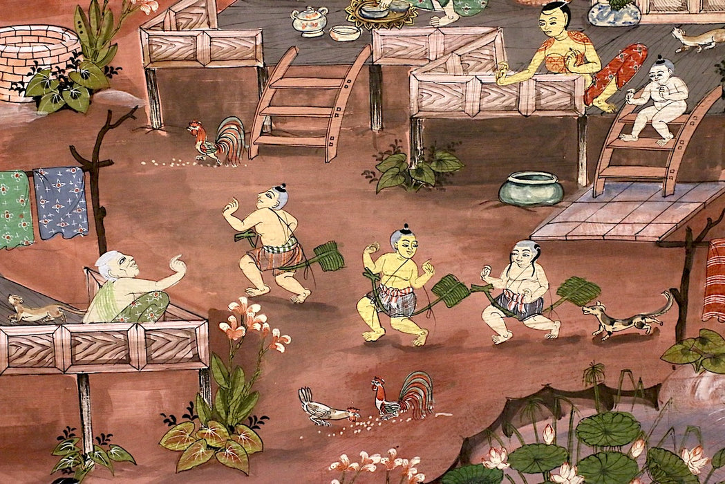 20th C. Thai School Original Gouache Village Scene Manner of Ancient Manuscript Illustrations