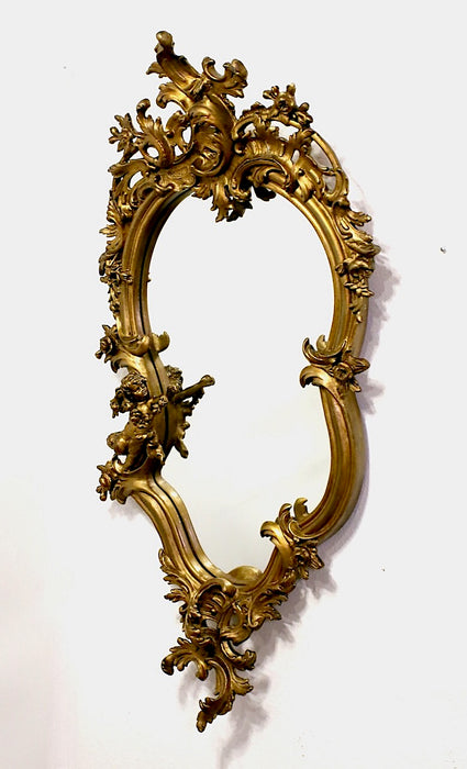 Antique 19th Century European Gilt Framed Rococo Wall Mirror With Cherubs 50"
