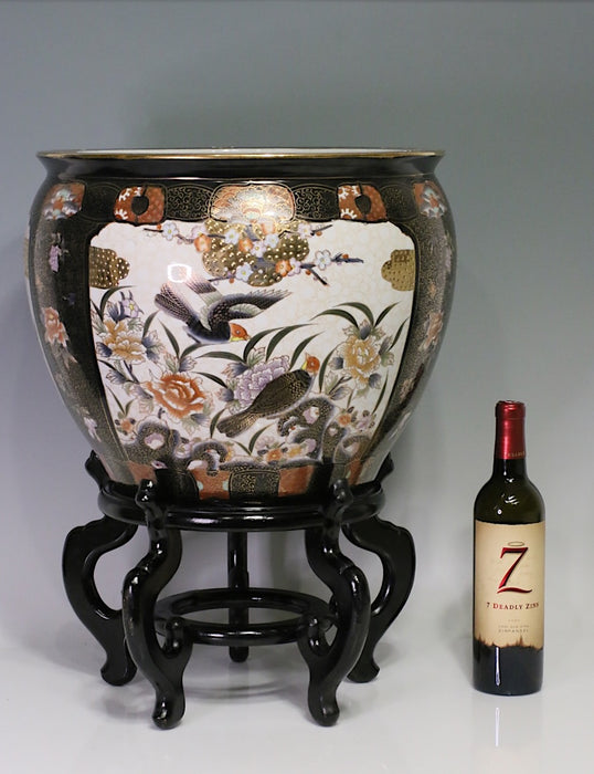 Large Chinese Black, White & Gold Porcelain "Fish Bowl" Planter with Gilt Work, Birds, & Matching Stand