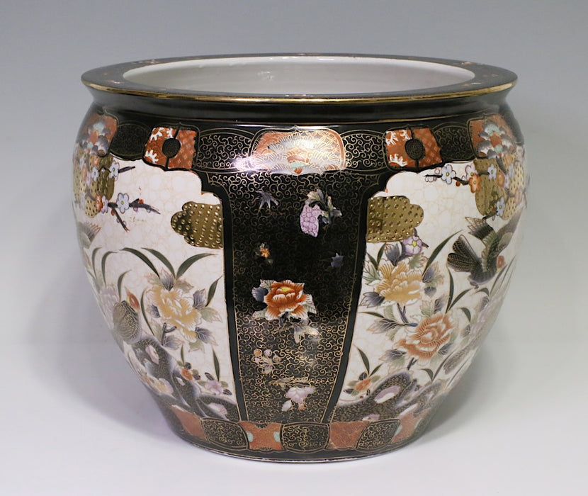 Large Chinese Black, White & Gold Porcelain "Fish Bowl" Planter with Gilt Work, Birds, & Matching Stand