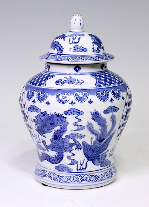 Vintage Chinese Blue & White Porcelain Covered Urn / Ginger Jar with Double Happiness, Dragons & Phoenix