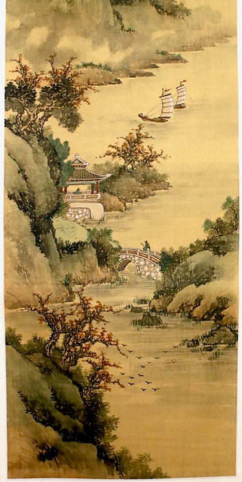 Vintage Mountain and River Chinese Landscape Scroll Painting, Shan Shui Watercolor on Silk Paper