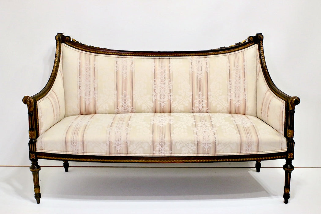 Antique French Louis XVI Settee or Loveseat Carved Walnut and Parcel Gilt with Brocade Uphostery