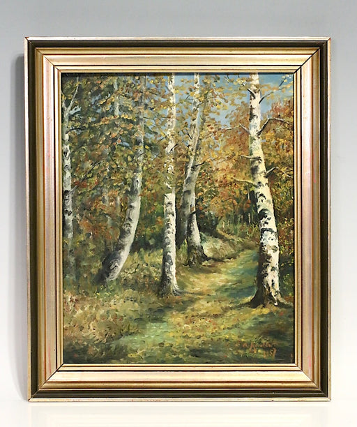 A Pathway Through the Silver Birch Autmn Forest, Mid-Century Oil on Board Painting, Signed & Dated