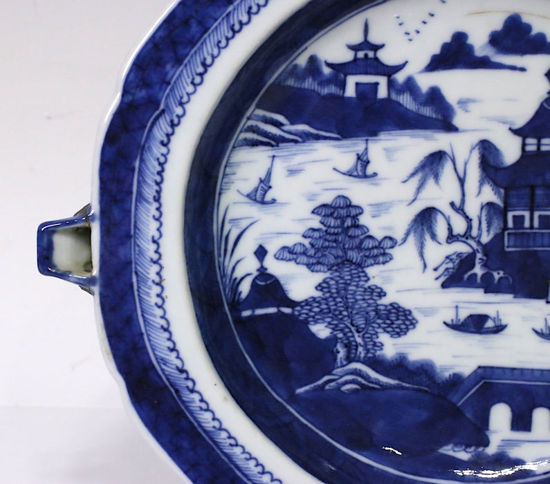Antique Chinese Export Canton Blue & White Warming Plate or Dish, Temples & Lakes