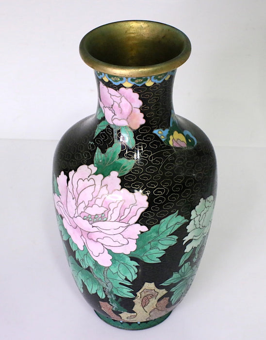 Vintage Chinese Black Cloisonne Vase with Butterflies, Pink & Jade Green Peony Flowers