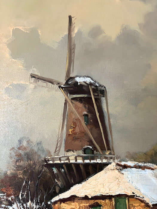 The Dutch Windmill, a Fine Winter Landscape Oil Painting by L. Berends, Framed