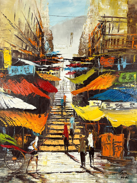 Mid 20th Century "Ladder Street Hong Kong" Impasto Painting by W. Lam, Faux Bamboo Frame