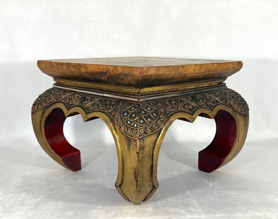 Large Vintage Red Gold Teak Top Gilt Wood Thai Pedestal or Display Stand With 'Glass Jewels'