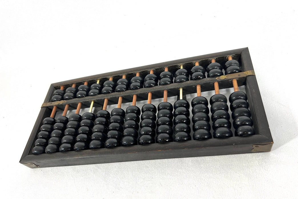 Old Chinese Wood Abacus with Black Glass Beads and Brass Embellishments