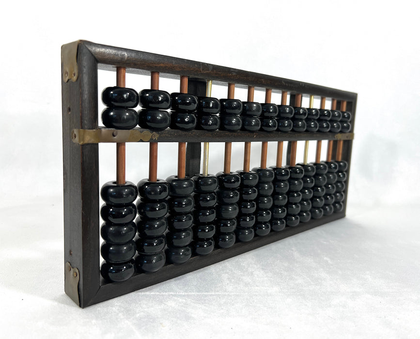 Old Chinese Wood Abacus with Black Glass Beads and Brass Embellishments