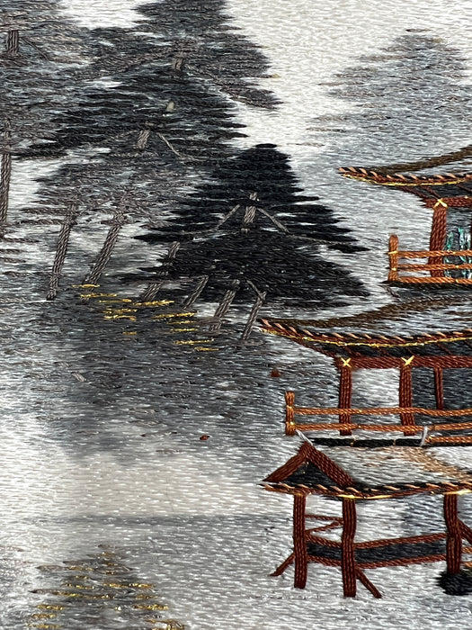 Vintage Shinto Lake Temple, Silver & Gold Thread Silk Embroidered Picture by Shiga Embroidery Co, Japan