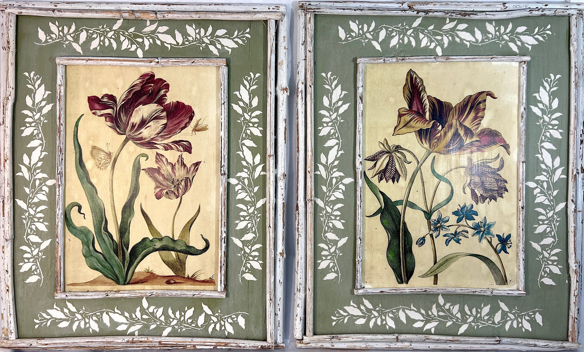 Rustic French Country Botanical Flower Pictures Framed in White Twigs , a Pair
