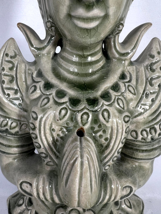 Large Celadon Crackle Glaze Kneeling Tappanom Thai Angel Figure (Thailand) 18".