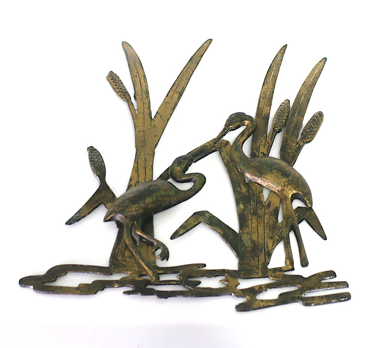 Antique Bronze Wall Sculpture in Prairie School Design - Pair of Cranes Amongst Cattails