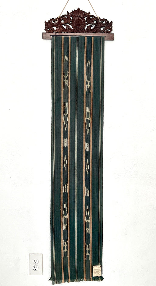 Ifugao Tribal Textile Charcoal Black Ikat Loom Wall Hanging / Runner With Carved Floral Wood Display Rack, the Philippines