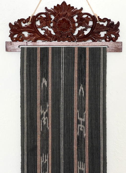 Ifugao Tribal Textile Charcoal Black Ikat Loom Wall Hanging / Runner With Carved Floral Wood Display Hanger, the Philippines