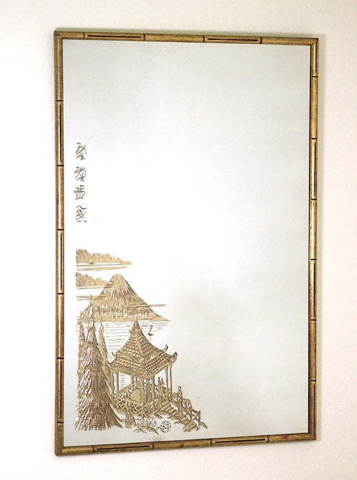Mid Century Hollywood Regency Wall Mirror With Mount Fuji, Japan by Sharon Art Mirror in Gilt Faux Bamboo Frame