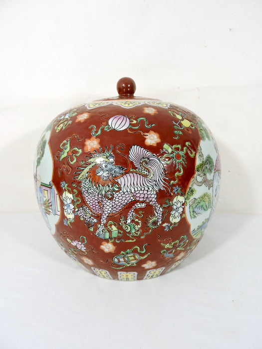 Vintage Hong Kong Double 'Qilin' Red Porcelain Ginger Jar With the Eight Chinese Immortals
