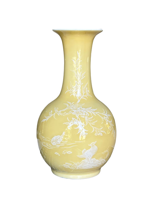Vintage Lemon Yellow Monochrome Porcelain Chinese Vase With Hand Painted White Pate Scenic Relief