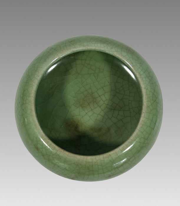Antique Chinese Celadon Green Crackleware Lidded Decorative Brushwashing Bowl or Catchall