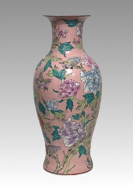 Large Scale Chinese (Macau) Floor Vase With Enamelled Birds & Flowers, Salmon Pink Background
