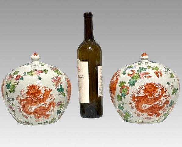 Vintage Chinese Famille Rose Porcelain Ginger Jars with Red Dragons & Phoenix, Tongzhi Dynasty Mark