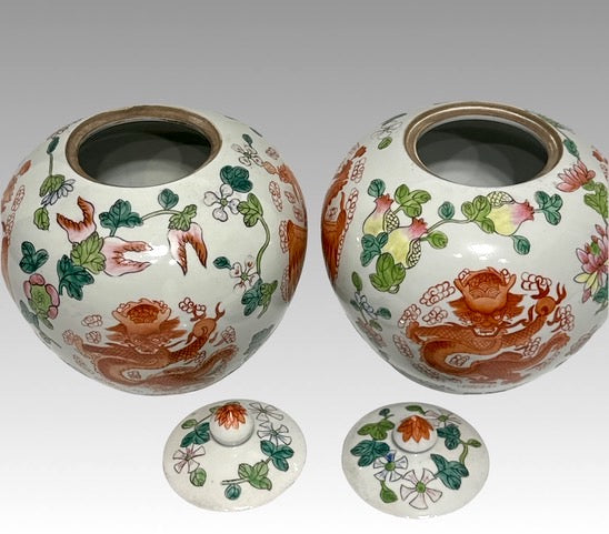 Vintage Chinese Famille Rose Porcelain Ginger Jars with Red Dragons & Phoenix, Tongzhi Dynasty Mark