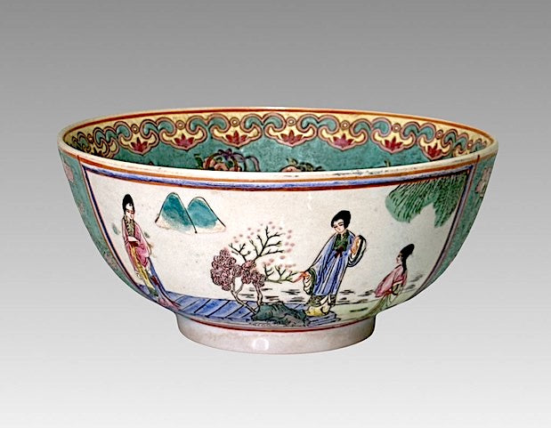 Vintage Macau Famille Rose Porcelain Serving Bowl with Hand Painted Bucolic Scenes, Chinese