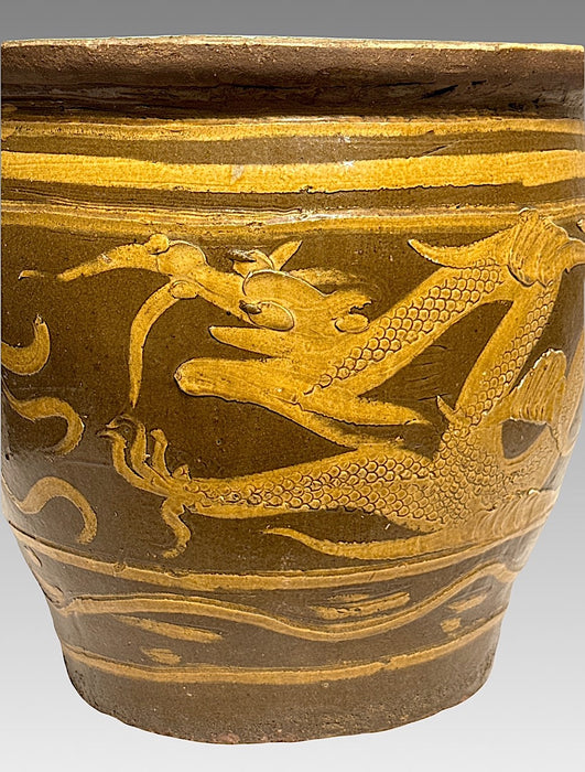 Early 20th Century Glazed Chinese Ceramic 'Egg Pot' With Five Clawed Dragons, Hand Made Rustic Planter