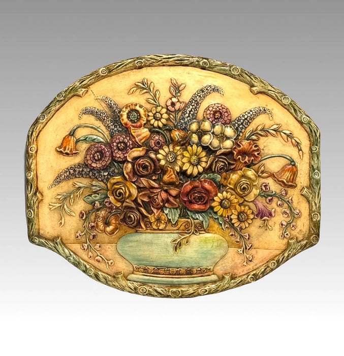 The Mediterranean Wild Flower Basket, Antique Italian Hand Made Sculptural Wall Plaque, Signed Shull