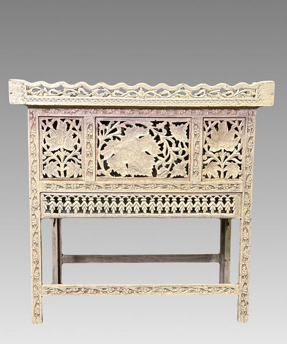 Antique Hand Carved Off White Hand Painted Mahogany Indian Raj Folding Tray Table / Side Table