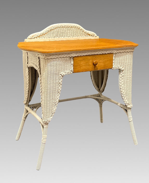 Antique White Wicker & Quarter-Sawn Oak Writing Desk or Dresser Vanity Table (1920's)