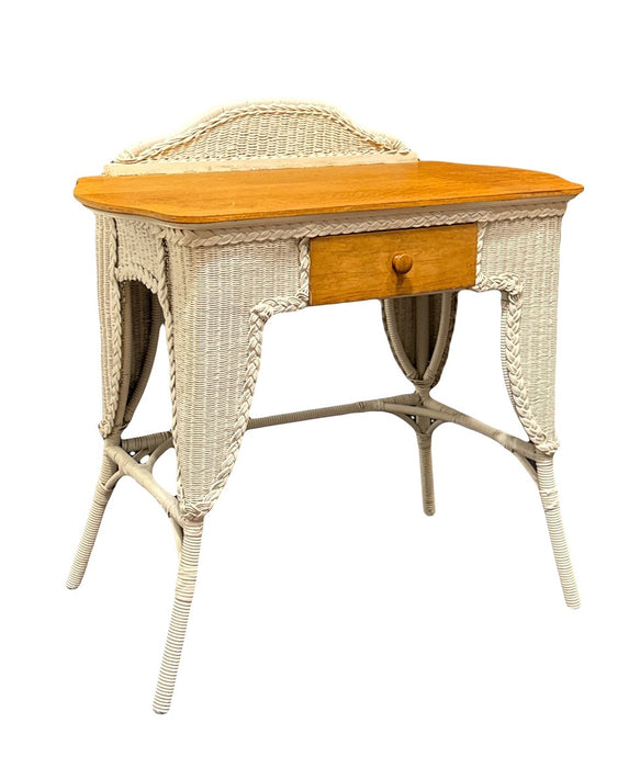 Antique White Wicker & Quarter-Sawn Oak Writing Desk or Dresser Vanity Table (1920's)