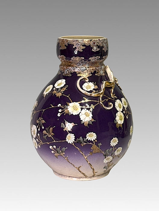 Kinkozan Sobei Signed Meiji Period Japanese Kyo-Satsuma Purple Flower Vase with Gilt Dragon, Japan