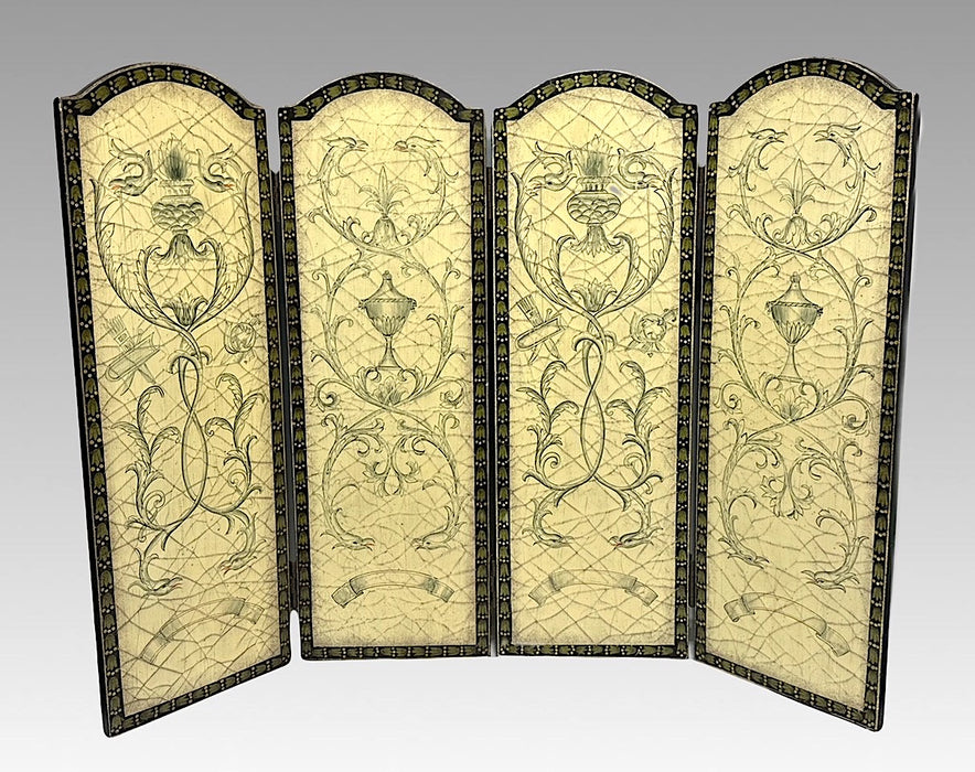 Royal Doulton Lacquer 4 Panel Folding Cream Table Screen, Hand Painted in the Florentine Grisaille Style