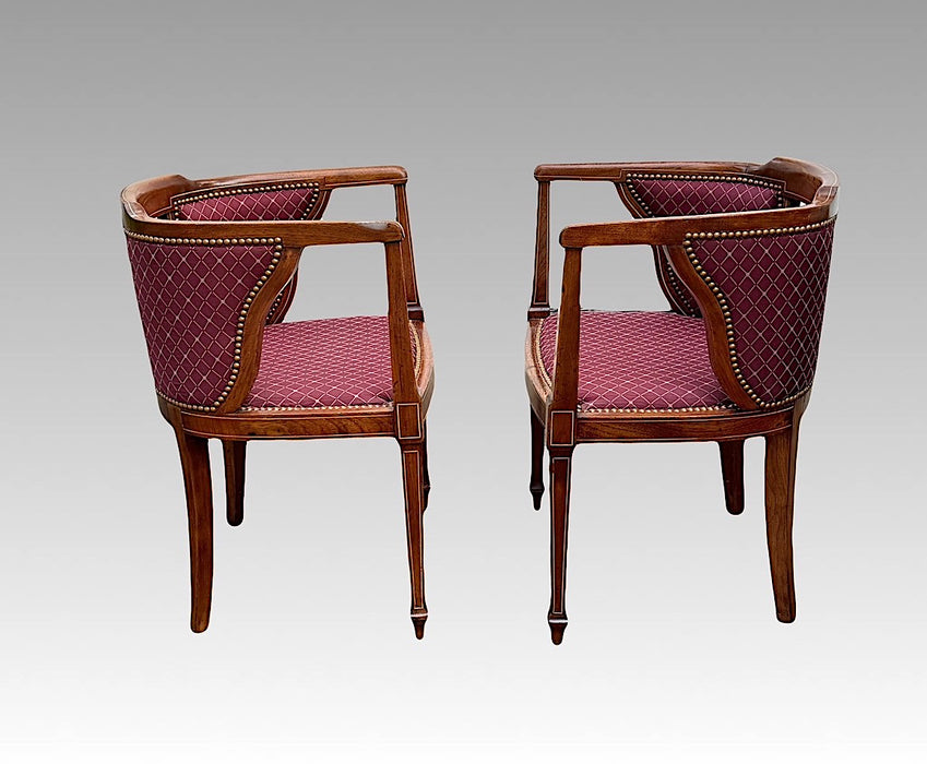 Fine Antique Edwardian Mahogany Upholstered Club Chairs with Inlay and Brass Tacks, A Pair, C.1900