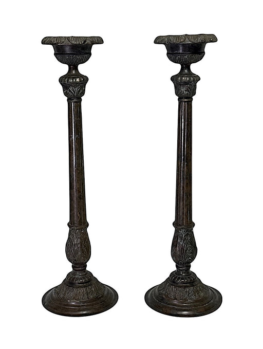 Impressive Vintage Bronze Georgian Candlesticks by Maitland Smith, a Pair 25"