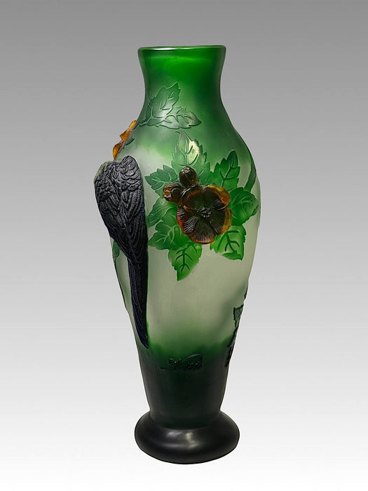 Large Cameo Green Art Glass Vase with Green Parrots and Amber Flowers