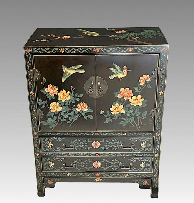 Vintage Chinese Black Lacquer Storage Cabinet, Incised Bluebirds and Flowers