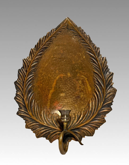 Antique Hammered Copper Leaf Form Candle Holder / Wall Sconce Reflector