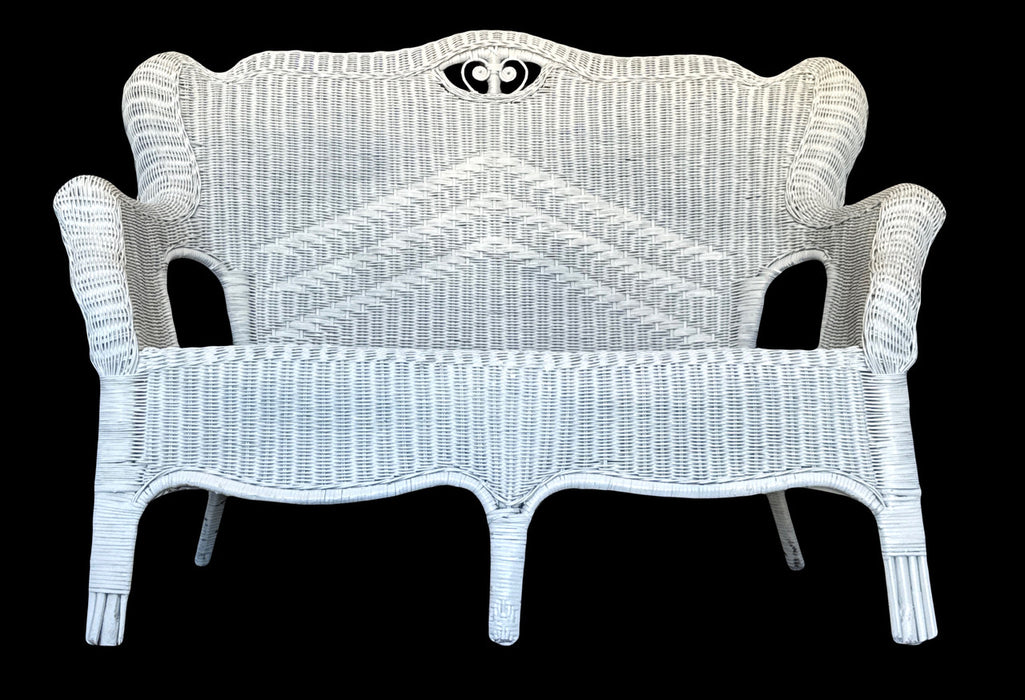 Antique Fancy White Wicker Traditional Two Seat Settee