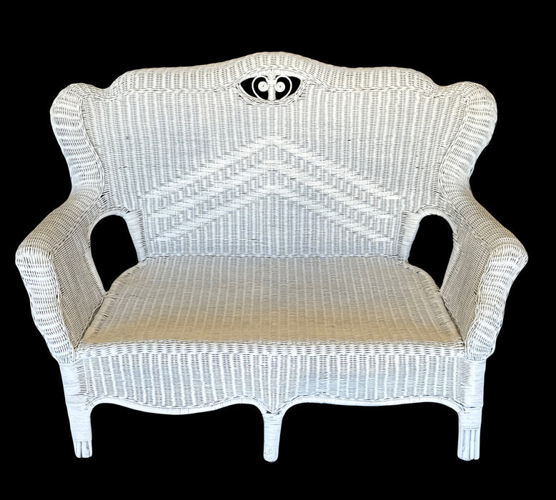 Antique Fancy White Wicker Traditional Two Seat Settee