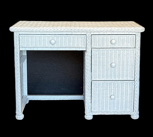 Vintage White Wicker Desk or Vanity with Four Drawers