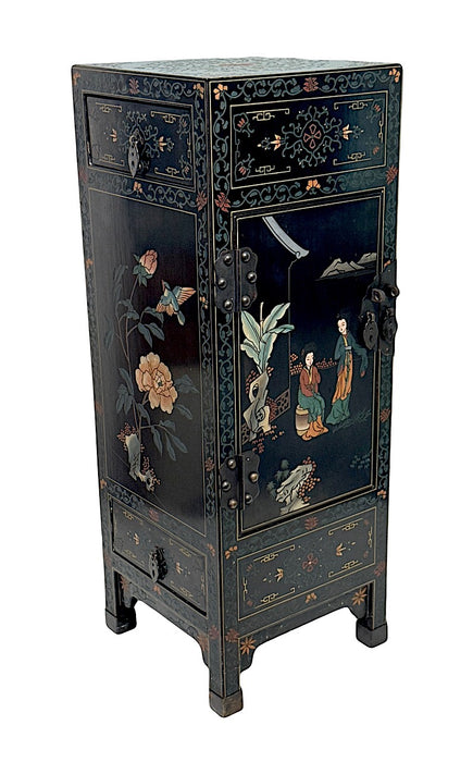 Vintage Chinese Black Lacquer Cabinet or Pedestal With Polychromed Garden Scenes & BluebirdsVintage Chinese Black Lacquer Cabinet or Pedestal with Carved & Polychromed Garden Scenes