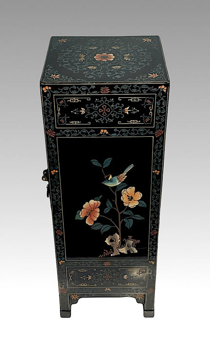Vintage Chinese Black Lacquer Cabinet or Pedestal With Polychromed Garden Scenes & BluebirdsVintage Chinese Black Lacquer Cabinet or Pedestal with Carved & Polychromed Garden Scenes