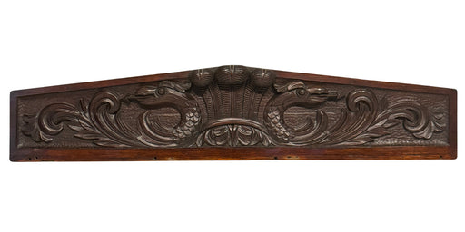 Antique Carved Oak Architectural Backsplash / Sculptural Wood Panel with Dragons & Fleur de Lis