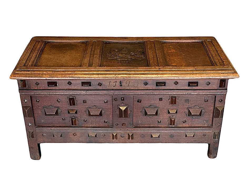 Antique English Oak Coffer or Storage Chest Dated 1798 with "Massy" Carved Armorial Crest