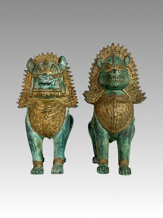 Khymer Gilt and Bronze Singha Temple Guardian Lion Statue (Thai)
