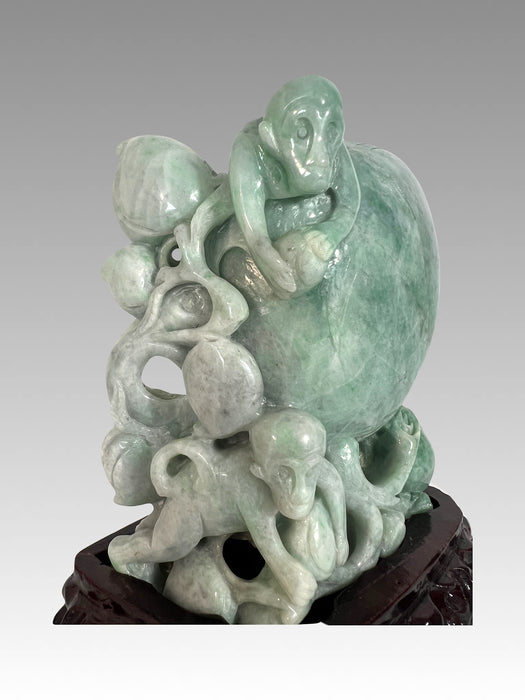 Chinese Natural Green Jade Stone Carving of Peach With Playful Monkeys on Custom Stand